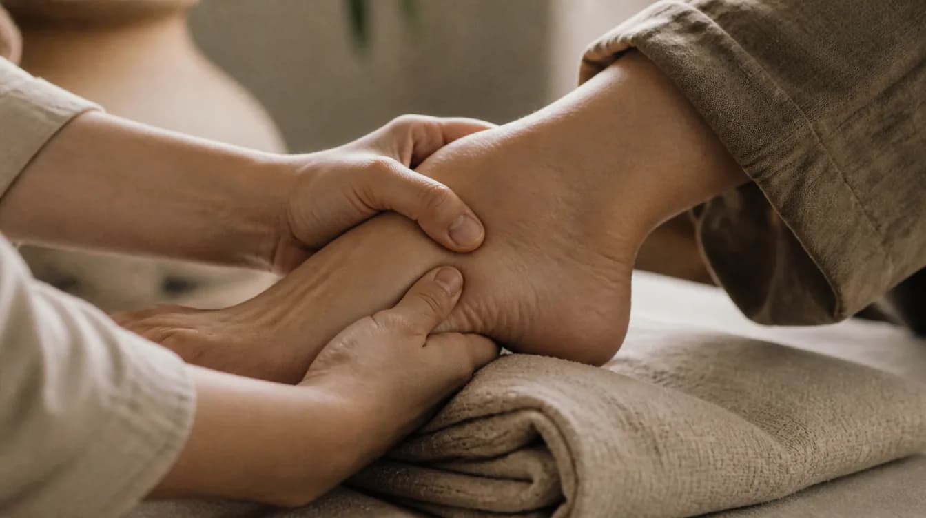 Hands working gently on a foot resting on a linen towel