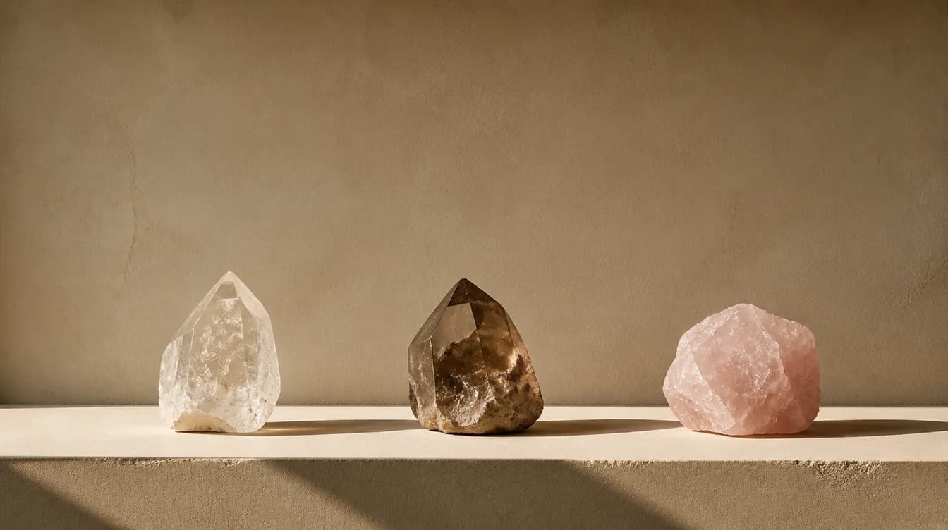 Three raw quartz specimens set out in a row on a plaster shelf in hard light